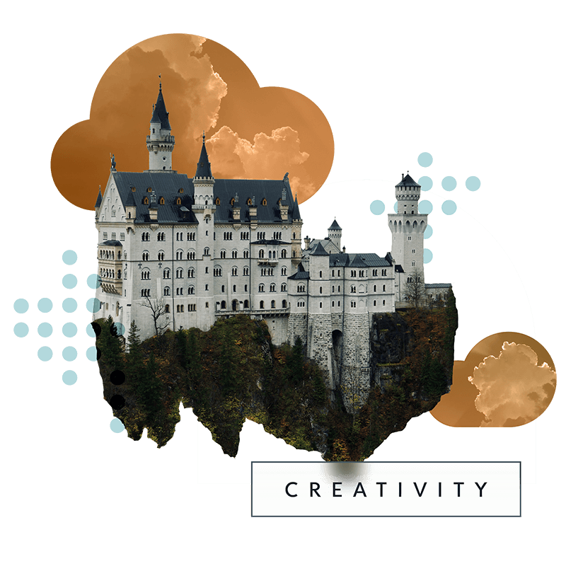 A floating castle with the text "Creativity."
