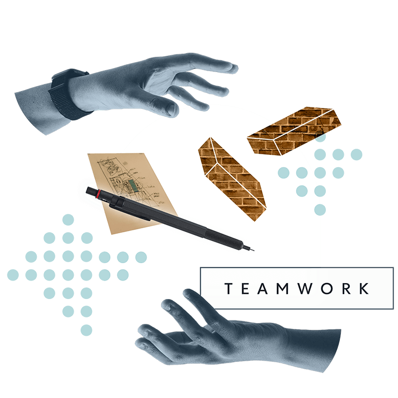 Hands with bricks and mockups floating between them with the text "Teamwork."