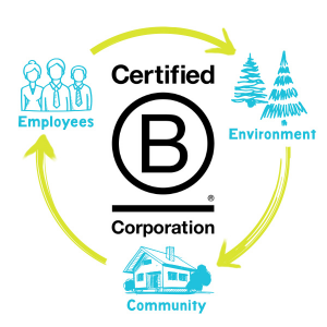 Certified B Corporation logo featuring employees, environment, and community around it