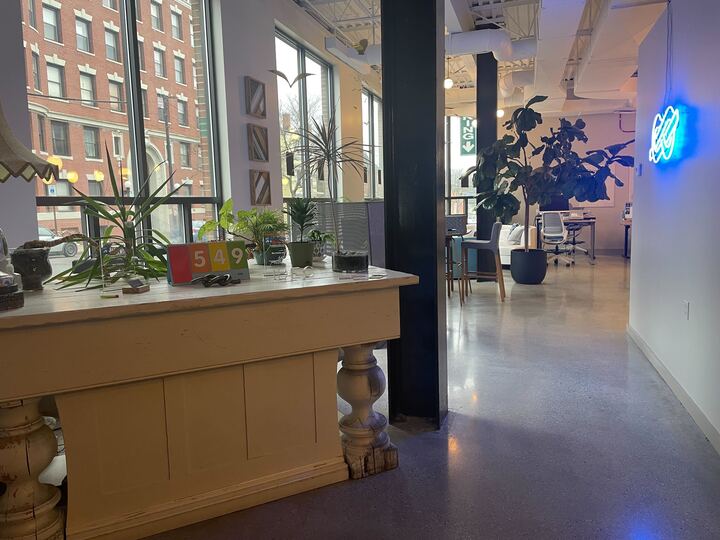 a tall table with plants on it and big windows behind it with a fig tree in the office in the distance and a lit up blue neon sign of the ibec logo