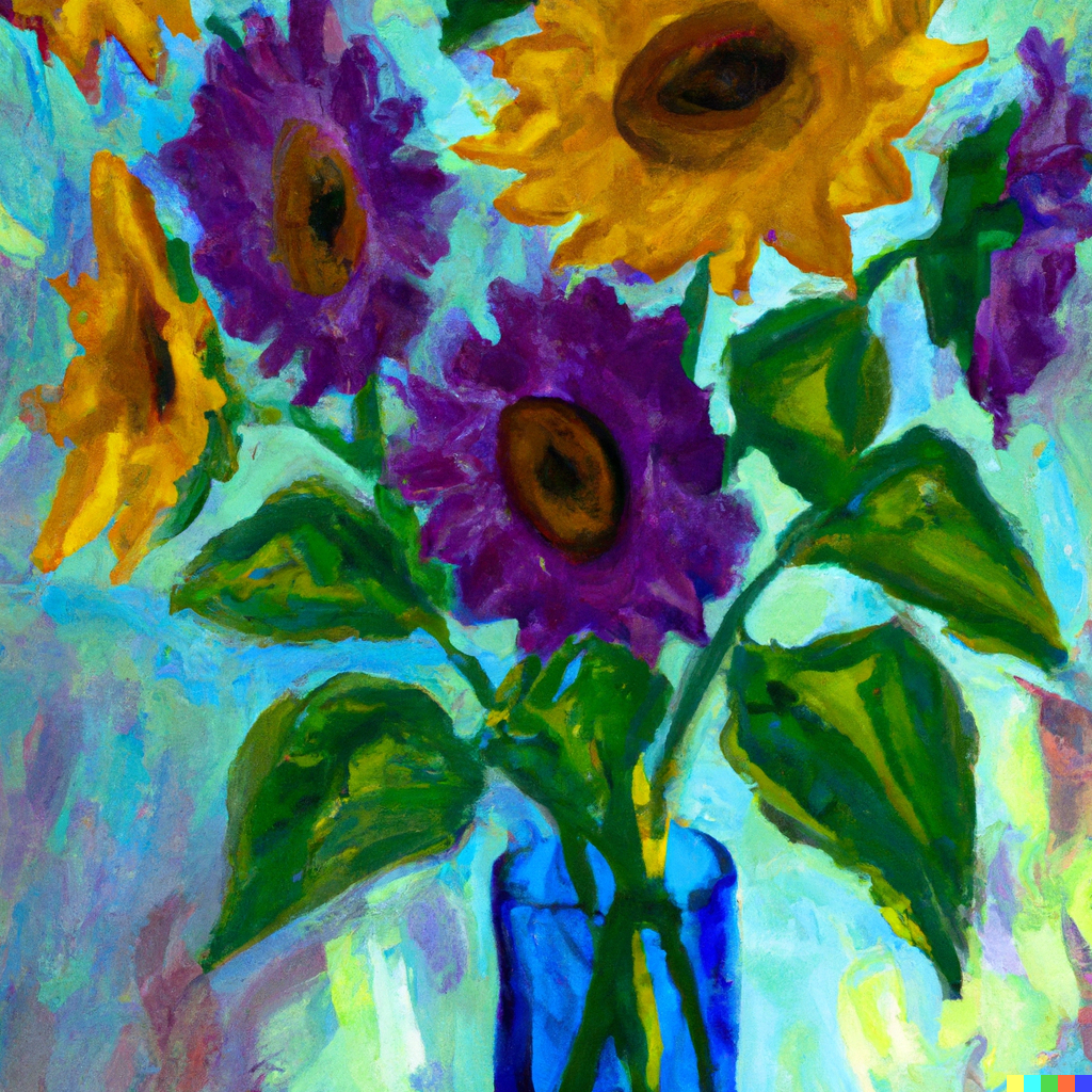 an AI generated impressionist painting of purple sunflowers in a glass vase